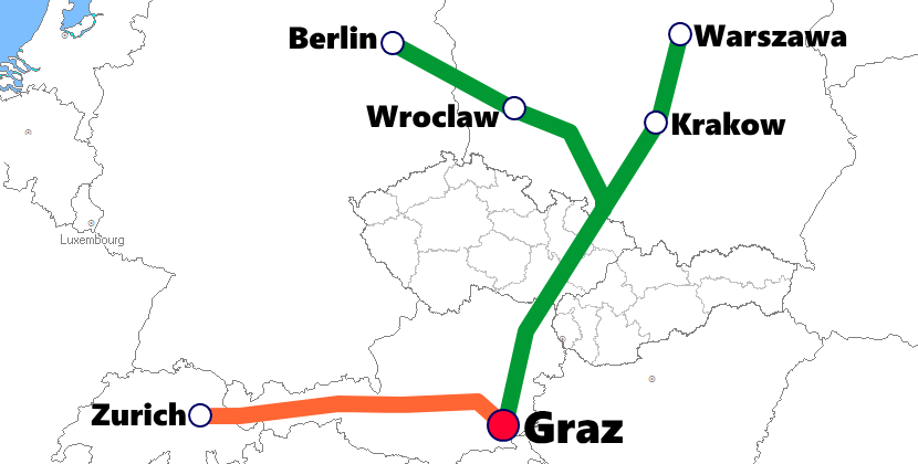 グラーツ発着夜行列車路線図