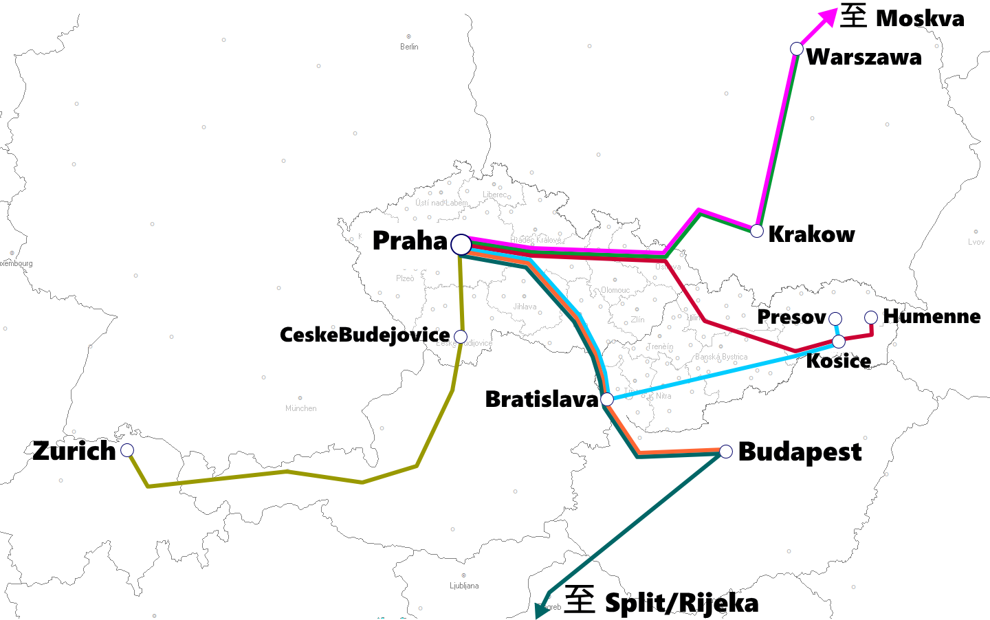 チェコ(プラハ)発着夜行列車路線図