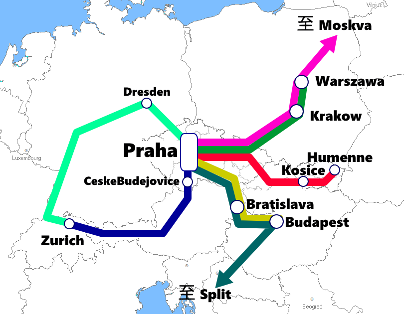 チェコ(プラハ)発着夜行列車路線図