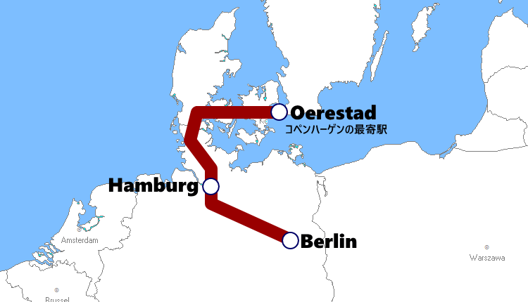 デンマーク発着夜行列車路線図