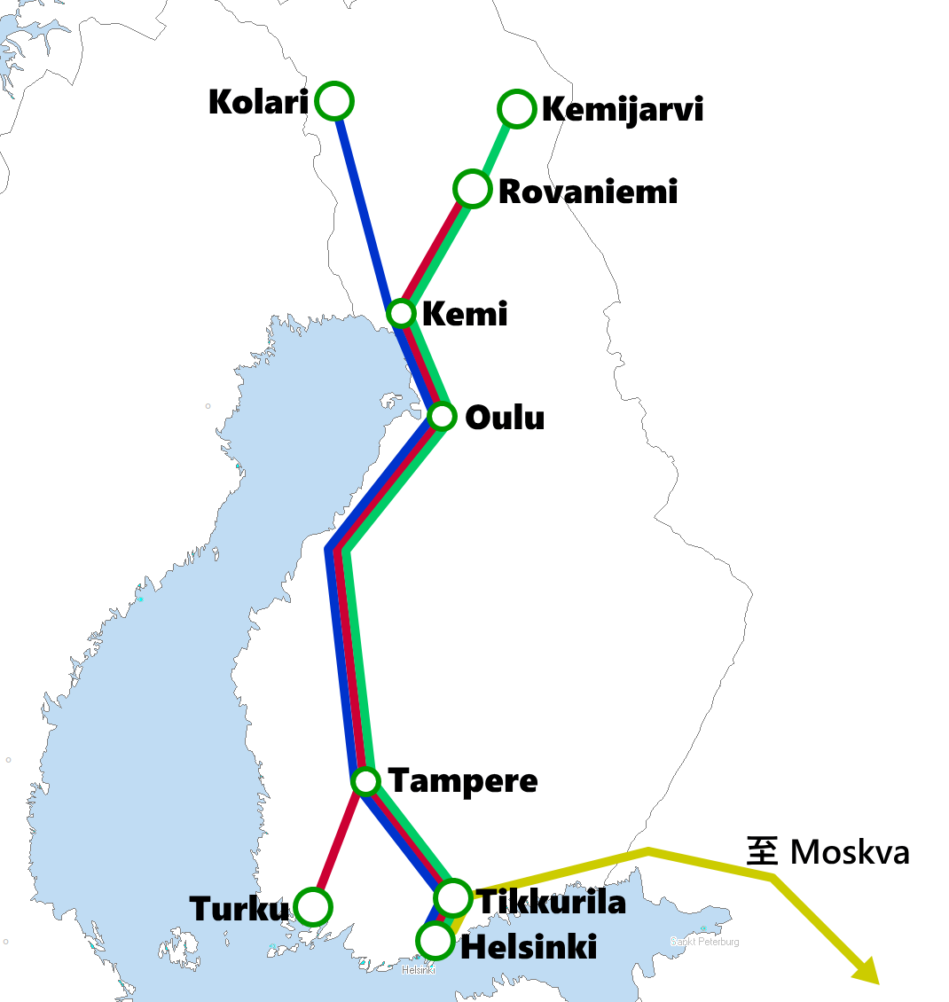 フィンランド発着夜行列車路線図
