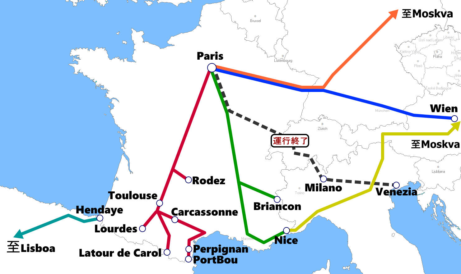 フランスの夜行列車路線図
