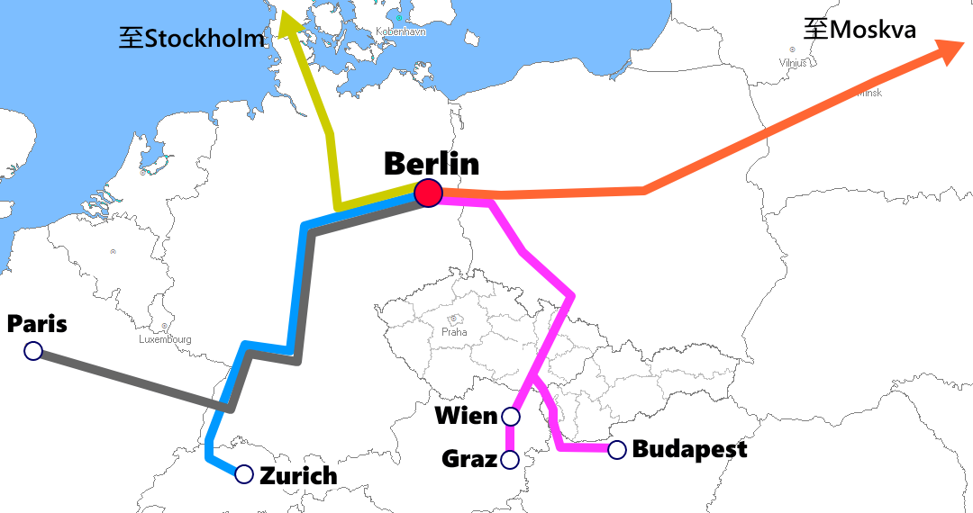 ベルリン発着夜行列車路線図