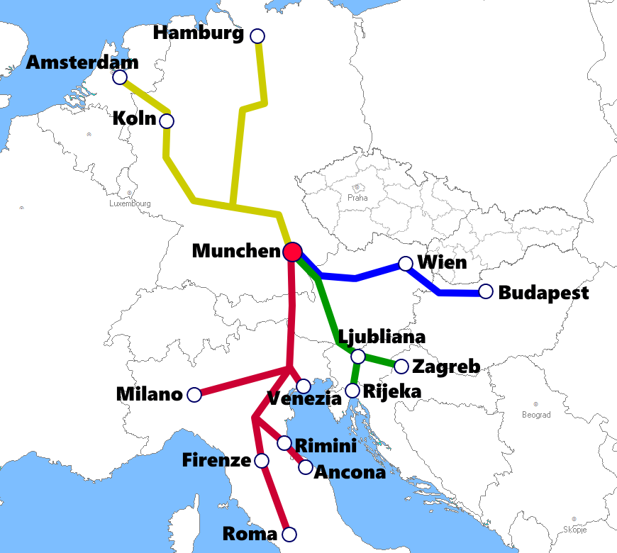 ミュンヘン発着夜行列車路線図