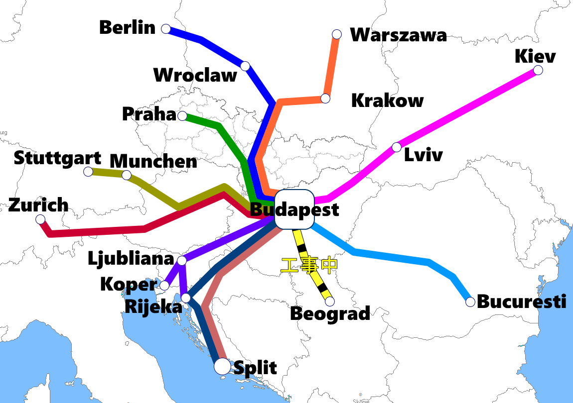 ハンガリー(ブダペスト)発着夜行列車路線図