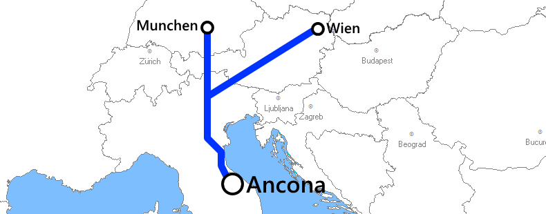 ヴェネチア発着夜行列車路線図