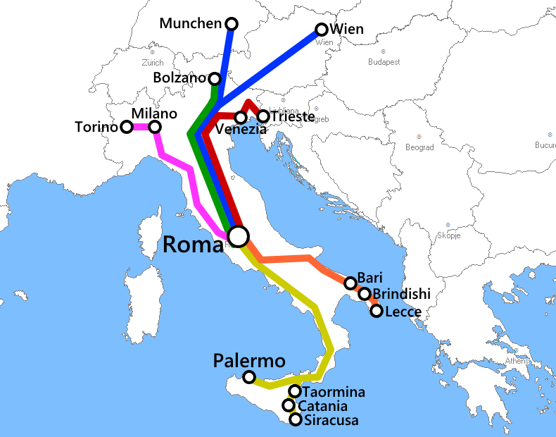 ローマ発着夜行列車路線図
