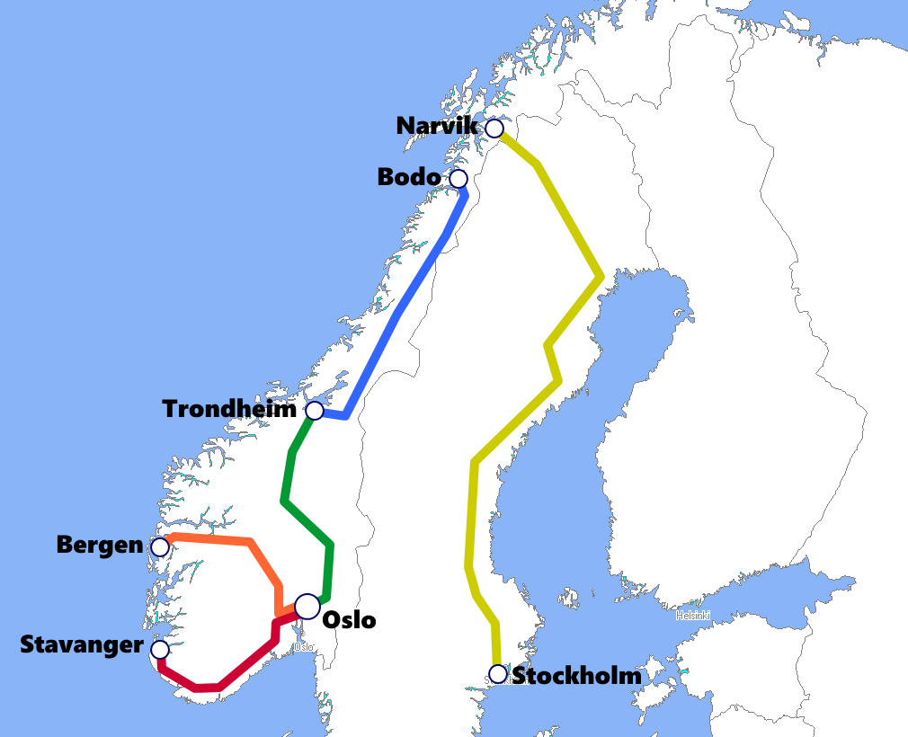 ノルウェーの夜行列車路線図