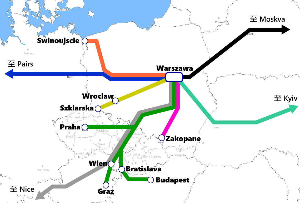 ワルシャワ発着夜行列車路線図