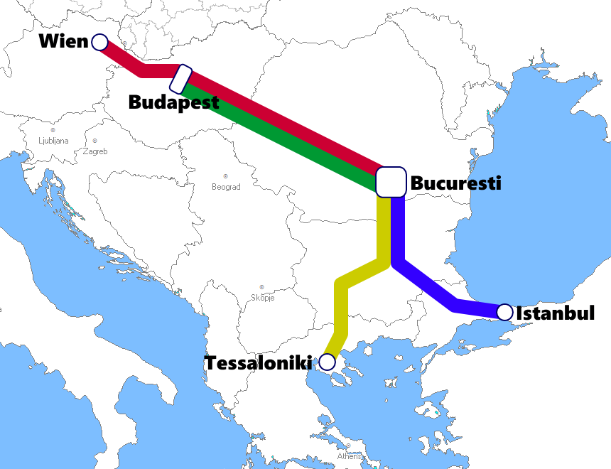 ルーマニア発着夜行列車路線図