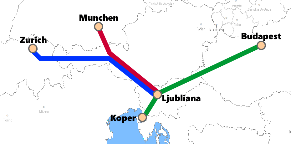 スロベニア発着夜行列車路線図