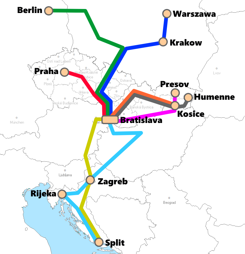 スロバキア(ブラチスラバ)発着夜行列車路線図
