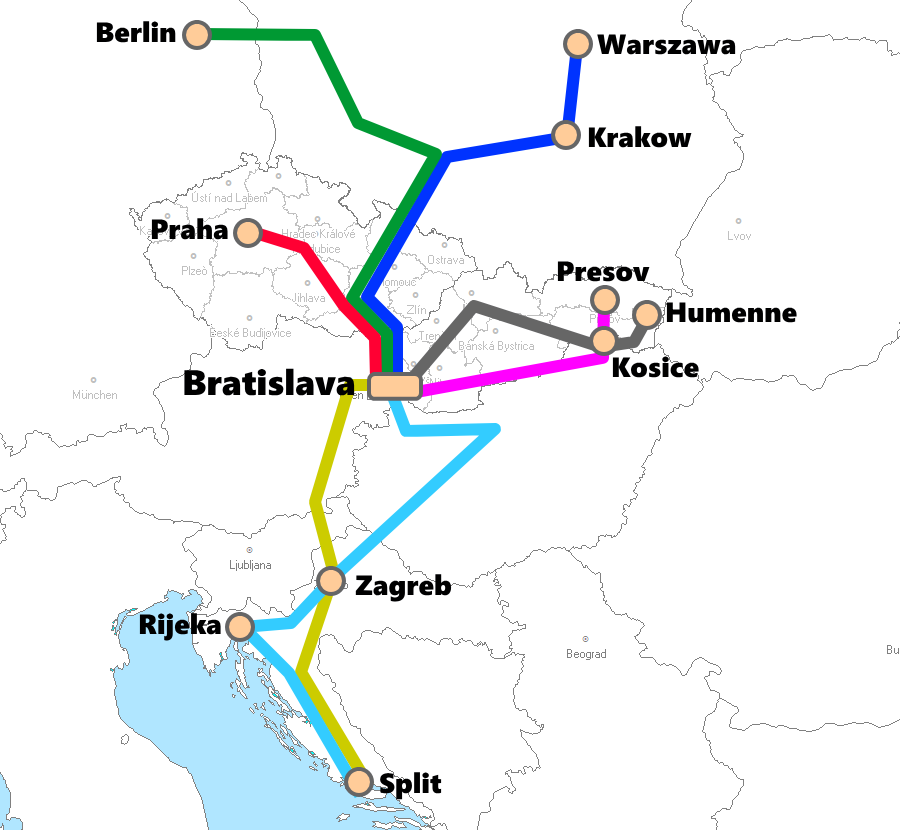 スロバキア(ブラチスラバ)発着夜行列車路線図
