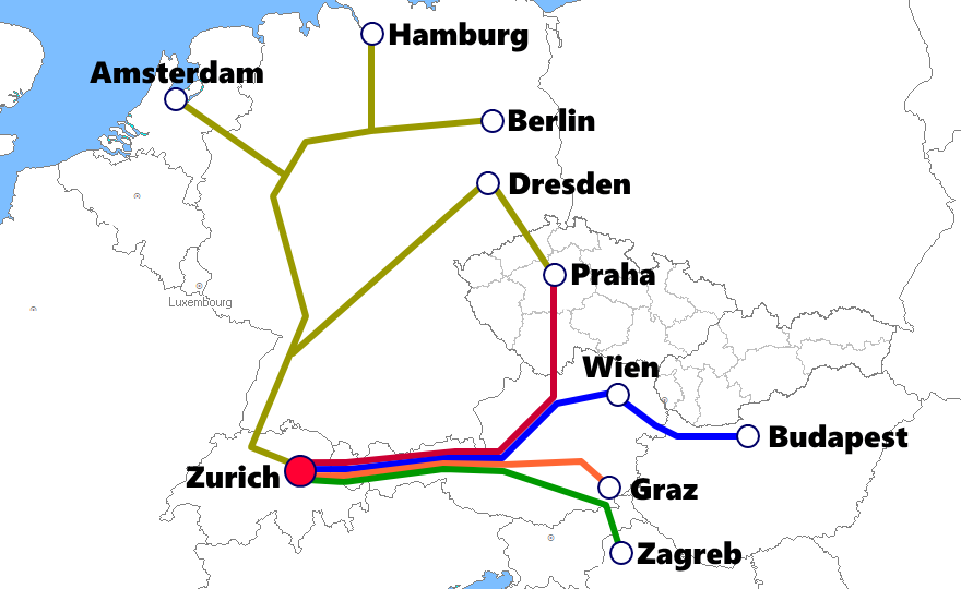 スイス(チューリッヒ)発着夜行列車路線図